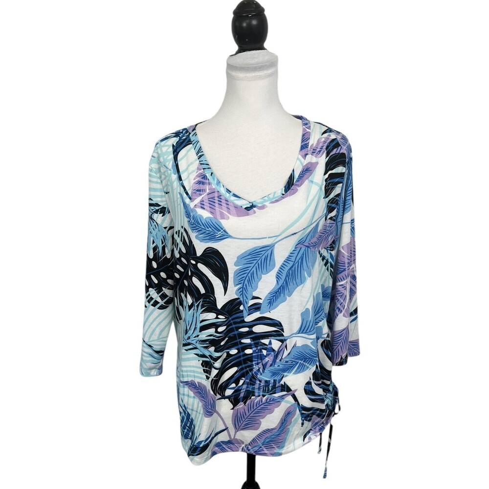 Palm Grove Knit Blouse Top Size XL Blue & Purple Tropical V Neck Side Ruched 3/4